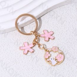 Pink Cherry Blossom Enamel Keychian Flowers Rabbit Animals Key Ring For Women Girl Easter Friendship Gift Handmade Jewlery