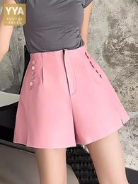 Women's Shorts High Waist Women Sheepskin Genuine Leather Zipper Solid Color Elastic Wide Leg Lady Casual Mini Trousers