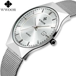 WWOOR Brand Men Watches Quartz Analog Date Japan Movement Ultra Thin Waterproof Steel Mesh Slim Male Wrist Watch Silver for Men X0625 2572