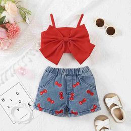 Clothing Sets Family Matching Outfits 2PCS Baby Girl Set Summer Newborn Clothing Pure Red Pendant+Embroidered Printed Denim Shorts Fashion Baby Casual Set WX5.23