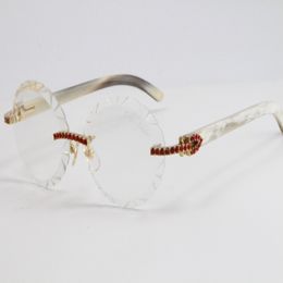 Selling Red Big Stones Rimless sunGlasses 3524012 White Genuine Horn Buffalo Horn Glasses Oversized Round Eyewear Designer Mens Women L 266L