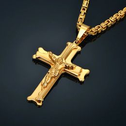 14K Gold Big Jesus Cross Pendant With Long Chain Mens Golden Color Crucifix Necklaces Male Religious Jewelry