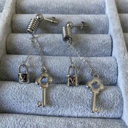 Top Quality Luxury Brand Earrings Silver Colour Punk Spring Link Buckle Key And Lock Pendant Stud Stainless Steel Earrings