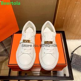 Casual Shoes White Flat With Lace-up For Women Metal Buckle Design Luxury Round Toe Thick Sole All-match Sport