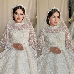 Gorgeous Ball Gown Wedding Dresses Pearls O-neck Long Sleeves Zipper Sequins Backless Pleat Court Gown Custom Made Bridal Plus Size Vestidos De Novia