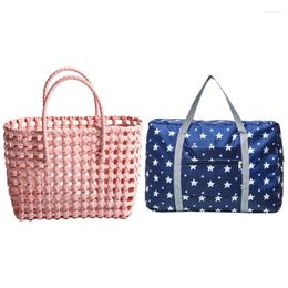 Shoulder Bags 2 Pcs Travel Duffel Bag Carry On Luggage Hand Woven Portable Female Beach Blue & Random Color