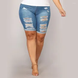 Women's Jeans Fashion Knee Length Ripped Denim Shorts Women Summer Casual Push Up Elastic Mid Waist Biker Short Streetwear