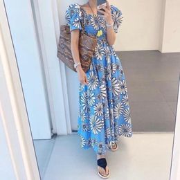 Casual Dresses Korean Chic French Style Leisure Holiday Flower Print One-line Shoulder Square Collar Two Wear Age-reducing Bubble Sleeve