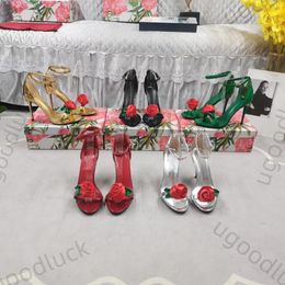 Designer high heels flowers open toe heel summer sandals shoes floral formal party wedding shoe red gold green black womens dress shoes 34-43 With box
