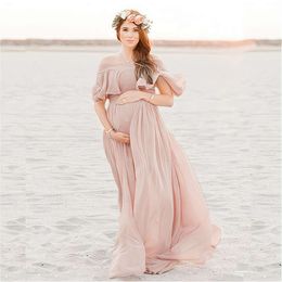 Novos vestidos de maternidade de babados rosa para sessão de fotos bohemian chiffon gestante feminino photography adereços maxi vestido premama roupas l2405