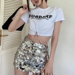 Work Dresses Chain Hollowed Print Short T-Shirt Silver Shiny Sequins Skirt 2024 Summer Sexy Spice Girl Chic Fashion Clothing