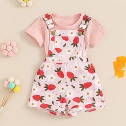 Clothing Sets Toddler Baby Girls Summer Outfits Ribbed Knit Short Sleeve T-Shirts Tops Floral Suspender Shorts 2Pcs Clothes Set 6M-4T