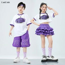 Boys Hip Hop Tshirt Cargo Pants Girls Crop Top Tiered Skirts Child Streetwear Street Dance Shorts Kids Jazz Costume Clothes Set 240522