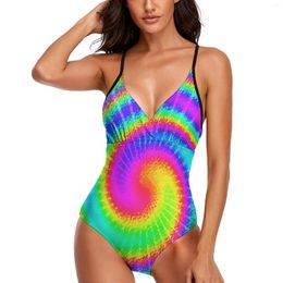 Women's Swimwear Colourful Retro 60s Swimsuit Sexy Hippie V Neck One-Piece Trendy Bodysuit Surfing Push Up Pattern Beachwear