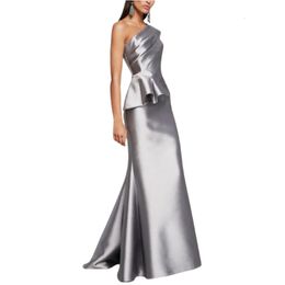 Elegant Long Silver Satin Prom Dresses with Ruffles Mermaid Pleated One Shoulder Watteau Train Zipper Back Prom Dresses for Women