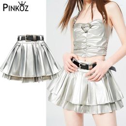 Skirts Pinkoz Runway Designer Silver Mini Short Skirt Y2k Fashion INS Chic PU Leather Pleated Robe De Mujer Vintage Z
