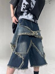 American style retro star patch tassel men denim shorts loose casual hip-hop street couple pants sweatpants 240524