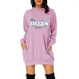 Casual Dresses Women's Autumn/Winter Christmas Printed It's FREEZIN Gcagon Long Sleeve Hooded Pocket Dress Summer Halter