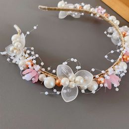 Koreansk mode enkla pärlkvinnor flickor barn blomma krans pannband brud bröllop krona söt pärlstycke l2405