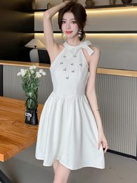 Casual Dresses Women Korean Fashion Elegant Y2k Mini Dress Summer White Jacquard Diamonds Chic Bow 2024 Bodycon Festival Party