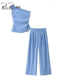 Women's Two Piece Pants BlingBlingee 2024 Summer Women Wide Suits Wrinkle Fabric Sleeveless Asymmetric Slim Female Crop Top Tanks Sets