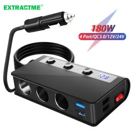 Extractme 180W Cigarette Lighter Splitter Quick Charge 3.0 Car Charger Adapter 12V/24V 4 Port USB Charging Socket For Phone IPad