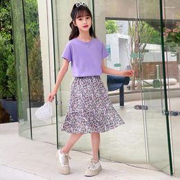 Clothing Sets Summer Teen Kids Baby Girls Clothes Solid Outfits Lavender T Shirt Chiffon Floral Fish Tail Skirt Set 4 6 8 10 12 Years