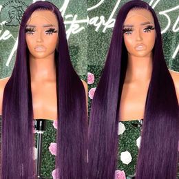 Synthetic Wigs Deep purple straight lace front wig deep Burgundy HD transparent lace wig synthetic non gel pre picked with baby hair wig Q240523