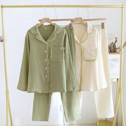 Women's Sleepwear Spring /Autumn Pijamas Lace Turn-down Collar Korean Nightwear For Girls Elegance Soft Cotton Solid Cardigan Pyjamas