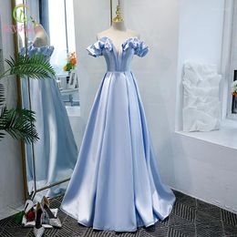 Party Dresses SSYFashion Light Blue Satin Evening Dress Boat Neck A-line Elegant Banquet Prom Formal Gowns For Women Vestidos De Noche