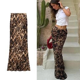 Skirts 2024 Leopard Print Midi Skirt High Waist Long For Women Vintage Streetwear Satin Summer Elegant Women's