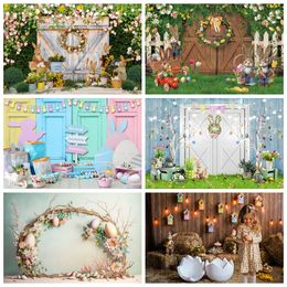 Spring Easter Photography Backgrounds Easter Eggs Bunny Green Grass Flowers Wooden Board Wall Backdrops Baby Portrait Photo Prop