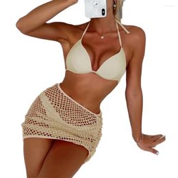 Women's Swimwear FS Push Up Halter Lace Triangle Swimsuits Bathing Suits Solid Color Bikinis Set 3 Pieces With Mesh Hollow Out Skirt