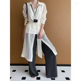 Women's Blouses Summer Linen Tied Waist Long Shirts Women Thin Transparent Sleeve Sun Protection Tops