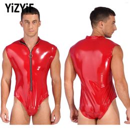 Women's Swimwear Mens Fashion Zipper PVC Leather Swimsuit Bodysuit Clubwear Stand Collar Leotard Sexy Men Glossy Patent Catsuit