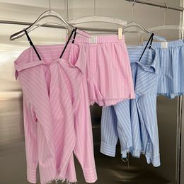 Damen Tracksuits sexy Hemd Shorts Anzug Langarm Bluse vertikale Streifen Mode Casos Pink Clothing Sets mit Hosenträgern Bund am Bund