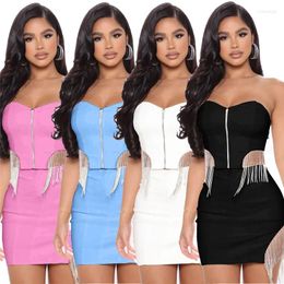 Work Dresses Women Sheath Strapless Crop Top And Mini Skirt Set Solid Casual 2 Pieces Outfits Summer Tracksuits