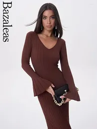 Casual Dresses 2024 Bazaleas Official Store Elegant Flare Sleeve Sweater Women's Dress Skinny Slim Midi Knit For Women