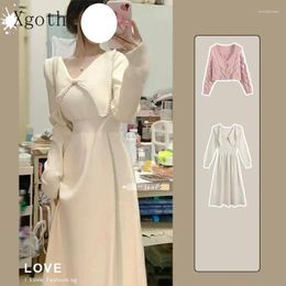 Work Dresses 2024 Autumn French Dress Waist Korean Fashion Trendy Knitted Long Skirt Gentle Sweater Cardigan Suit Freshing Chic