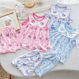 2024 neue Sommermädchen Set Ice Seide niedliche Puppenhalshälfte ärmellose Tank Hochqualität Baby Zwei Stücke Set Shorts Home Pyjamas für Kinder