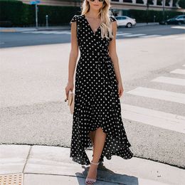 2024 Summer Cotton Polk Dot Print Women's Beach Dresses Ruffle V-Neck Split Short-Sleeve Slim Casual Long Woman's Dress BKWD24004