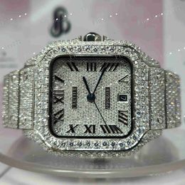 Luxury Unisex Stainless Steel Analog Iced Out VVS Clarity Moissanite Diamonds Hip Hop Wrist Watch Free Shipping