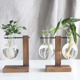 Vases Nordic Style Glass Vase Wood Stand Planter Table Desktop Hydroponics Plant Bonsai Flower Pot Home Decor