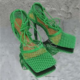 Hollow Square Mesh Sandals Women Breathable Toe Stiletto High Heels Pumps Ankle Strap Lace-up Elegant Dress 6de