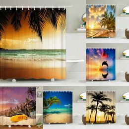 Shower Curtains Sunset Dusk Beach Palm Tree Seaside Scenery Fabric Curtain Waterproof Bath For Bathroom Decorate With 12 Hooks