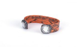 Natural Double Irregular Freshwater Pearl End Bead Charm Pave Rhinestone Orange Dark Red Real Leather Big Wide Open Bangle Cuff13262055
