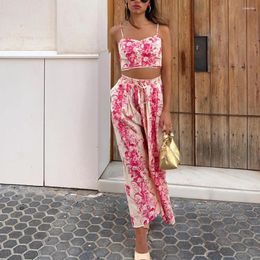 Work Dresses Woman Sweet Pink Slim Floral Crop Camisole Suit 2024 Female Elegant Short Camisoles Sets Chic A-line Midi Skirt Suits