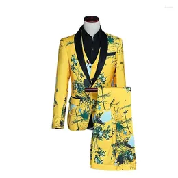 Men's Suits Yellow Set Of 3-piece Black Collar Single Button Printed Jacket With Vest And Pants Fashionable Slim Fit