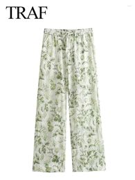 Women's Pants Elegant Woman Loose Casual Slim Trousers Chic High Waist Drawstring Plant Flowers Print Decorate Wide Leg