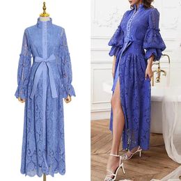 Casual Dresses Lace Hollou Out Midi Dress Female Clothing Stand Collar Lantern Sleeve Elegant For Women 2024 Summer